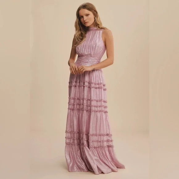 Anthropologie x BHLDN Juniper Metallic Tiered Backless High-Neck Gown